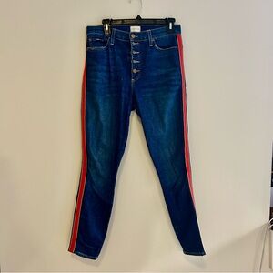 Alice and Olivia Blue Skinny Jeans Red Side Stripe Exposed Button Fly Dark Wash